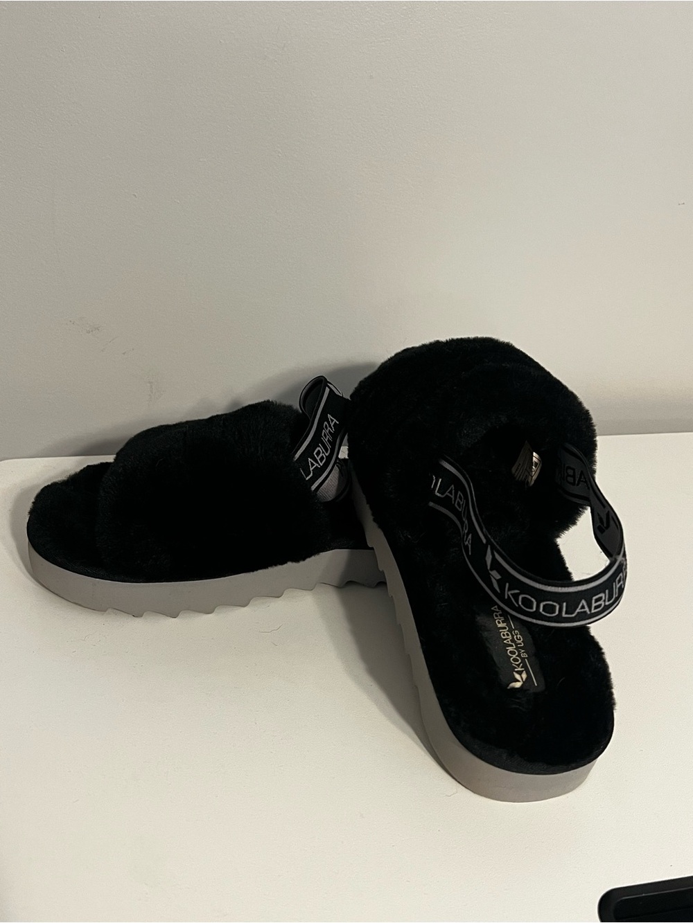 Koolaburra Black Plush Slide Sandals with Branded Elastic Heel